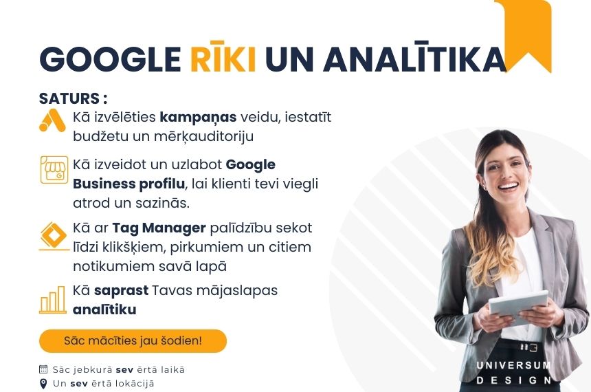 Google rīki un analītika: GMB, GSC, GA4 un Google Ads pamati
